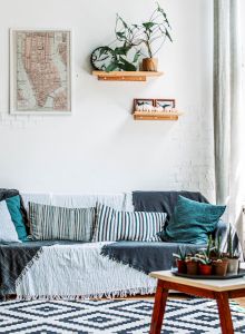 A cozy, well-lit living room features a sofa with patterned cushions, a coffee table with plants, large windows, and leafy green houseplants scattered around.