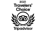 This image contains the "2021 Travelers' Choice" award logo from TripAdvisor, featuring an owl encircled by laurel wreaths.