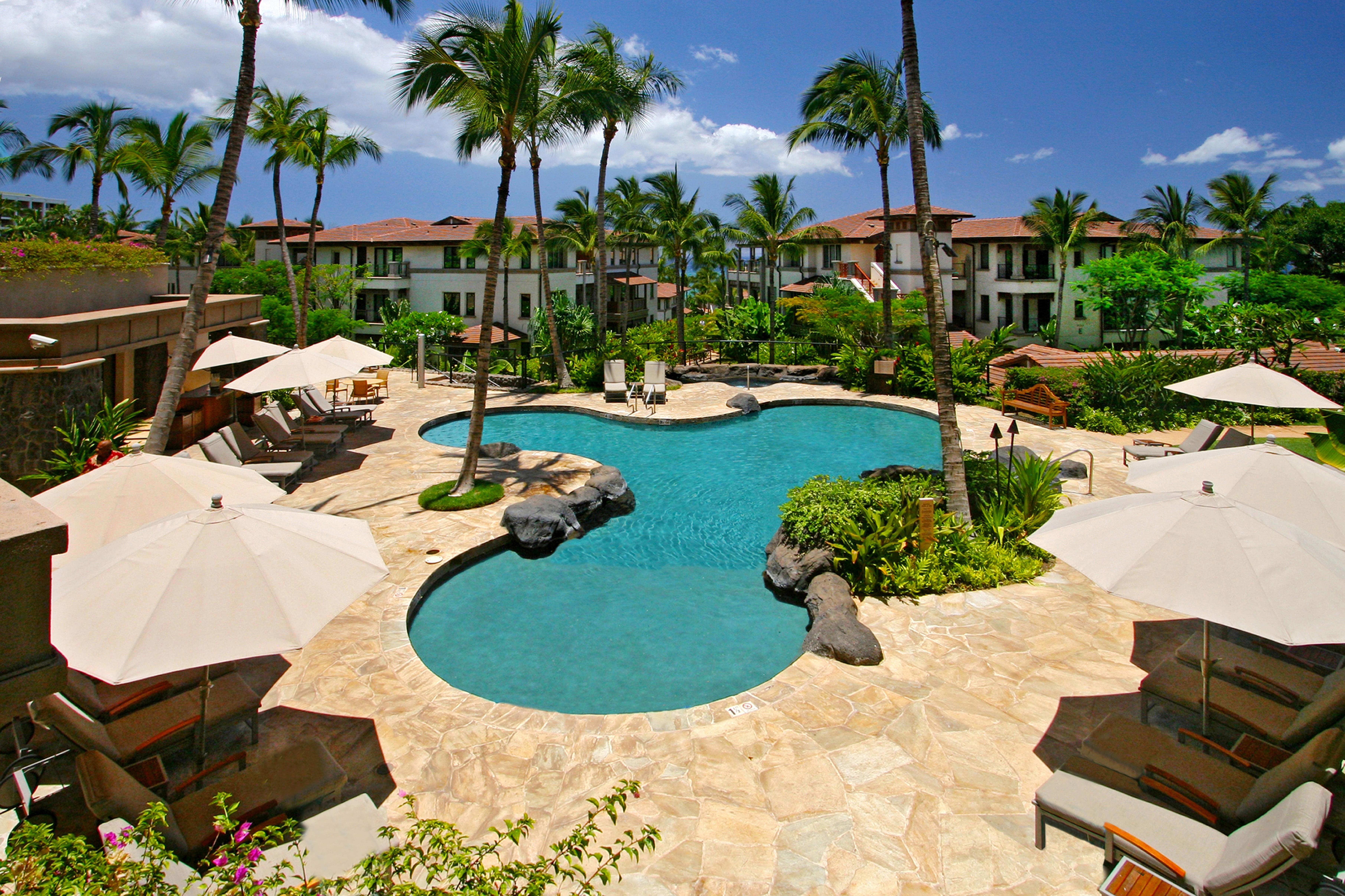 A tropical resort features a pool surrounded by lounge chairs with umbrellas, palm trees, and elegant buildings in the background, under a clear blue sky.