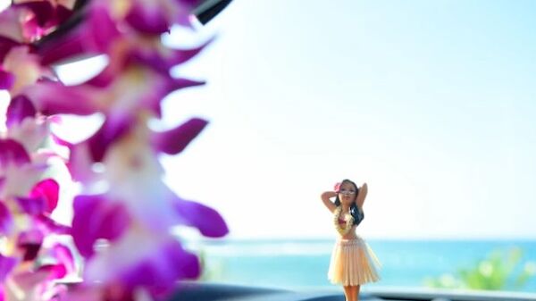 A dashboard hula dancer figurine and purple flower lei with an ocean backdrop under a clear sky are visible in this image.