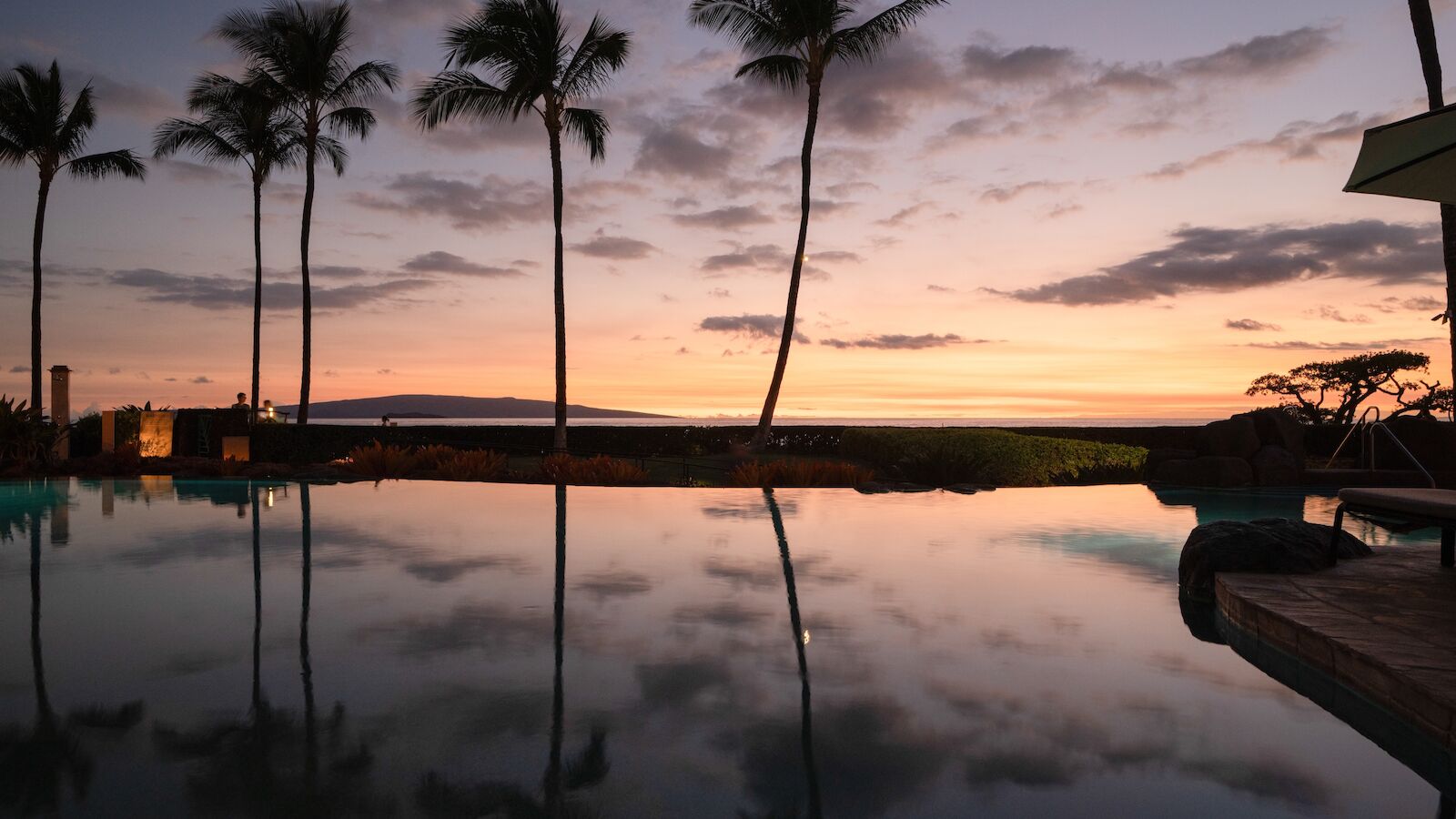 A tropical pool at sunset with silhouettes of tall palm trees reflected in calm water, the sky glowing orange and purple.