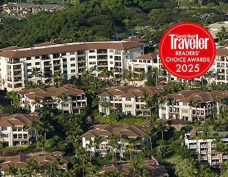 A coastal resort with multi-story white buildings amid lush greenery, near a rocky shoreline and small beach; a red Traveler&rsquo;s Choice badge is visible.
