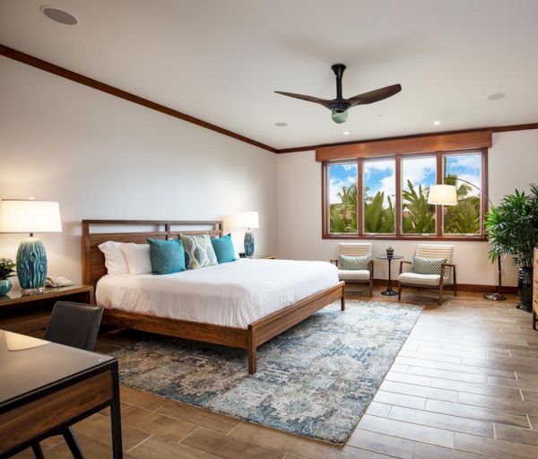 A modern bedroom with a large window, double bed, ceiling fan, TV, wooden furniture, plants, lamps, and chairs, featuring blue and green accents.