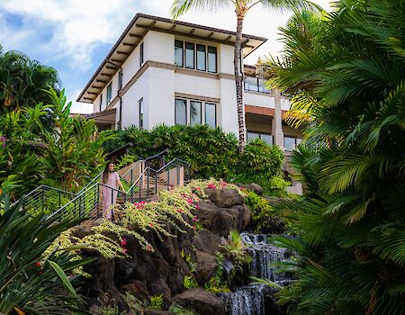 A modern white house perched above a lush tropical garden with a small cascading waterfall and palm trees lining the path.
