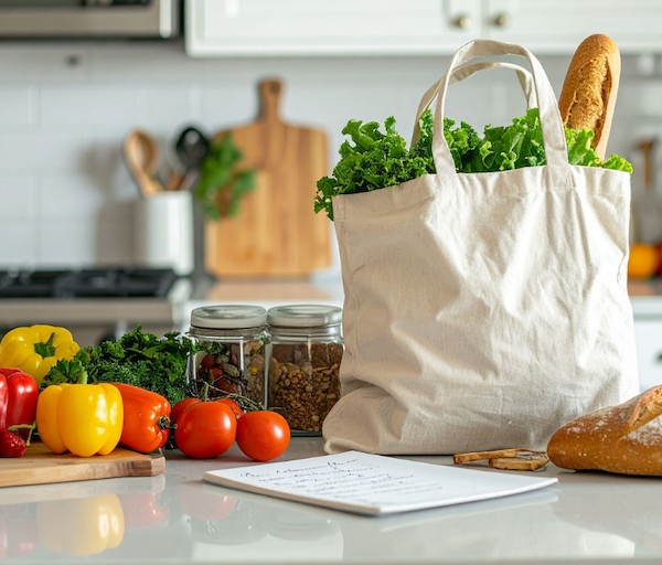 A kitchen counter with fresh vegetables, herbs, a loaf of bread, jars, a reusable bag, and a notebook on a bright, organized counter.