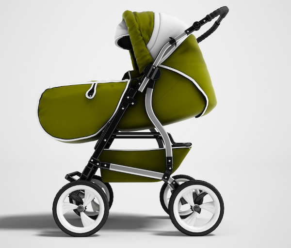A green baby stroller with a white hood and black frame, shown from the side in a studio setup, on white wheels.